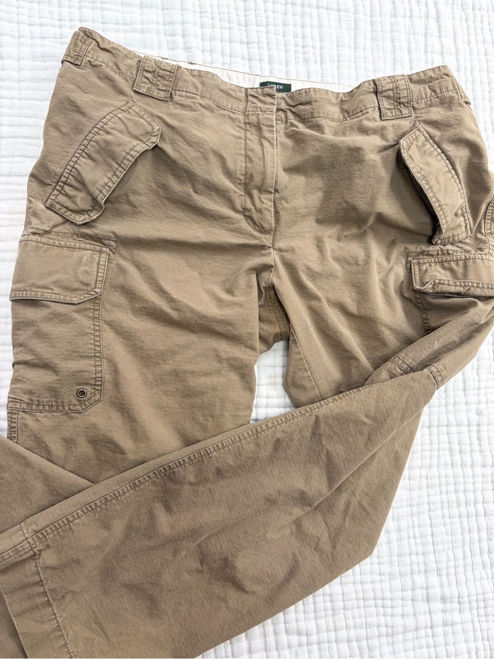 Y2K-era J.Crew low-rise cargo pants in a khaki/tan 100% cotton fabric.